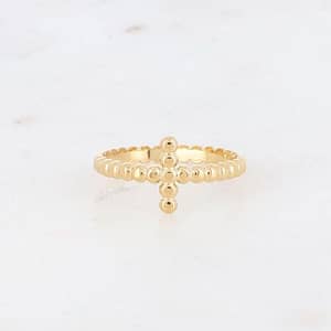 Bague - motif croix effet grainé en acier inoxydable - doré
