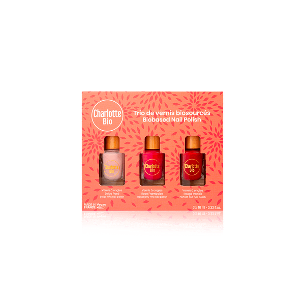 Coffret 3 vernis à ongles naturels biosourcés (beige rosé, rose framboise, rouge parfait) - Charlotte bio