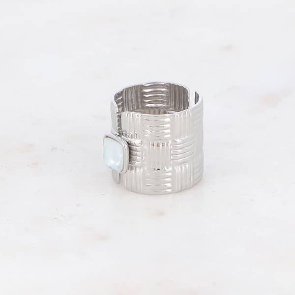 Bague effet osier tressé avec pierre naturelle - Argenté nacre blanche – Image 2