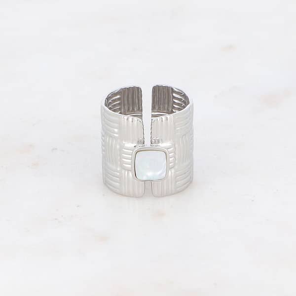Bague effet osier tressé avec pierre naturelle - Argenté nacre blanche