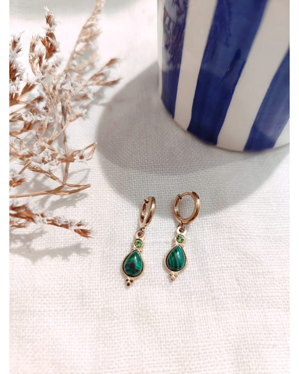 Boucle D'Oreille Mini Créole Goutte Pierre Verte Dorée
